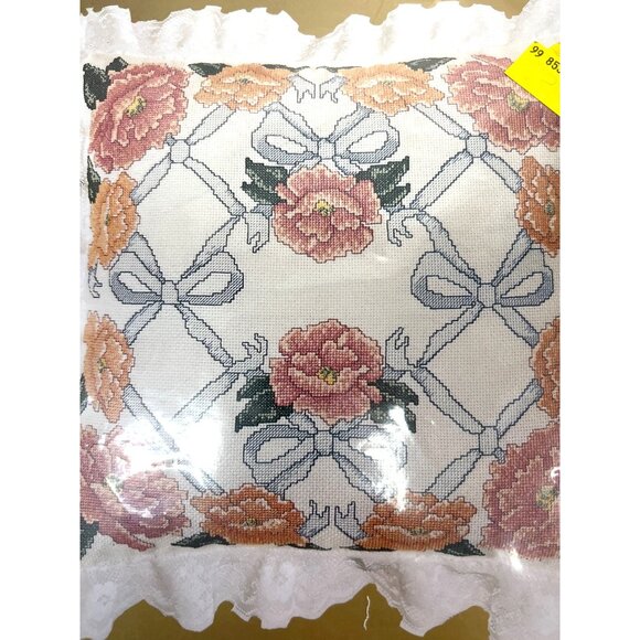 Lattice Floral Pillow Counted Cross-Stitch Kit 14"x14" Finished Size Includes Ai - Picture 2 of 4